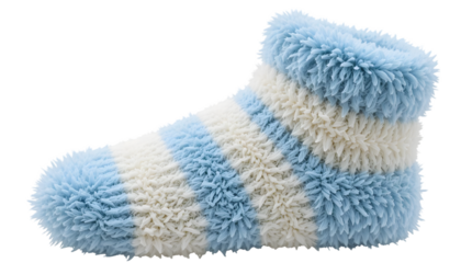 Fluffy slipper sock with blue and white stripes cozy footwear for home isolated on white background