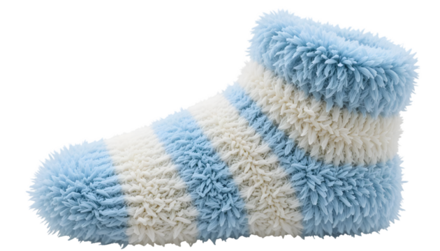 Fluffy slipper sock with blue and white stripes cozy footwear for home isolated on white background