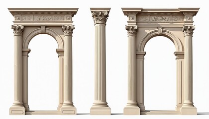 Obraz premium Three antique architectural elements on white background. Two Roman arches with fluted Corinthian columns frame empty space. One separate ornate column stands between. Classic design for interior