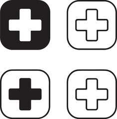 Obraz premium Isolated healthcare icons, black medical cross symbol, hospital care vector, minimal health service design, professional treatment icon set, emergency medical support illustration