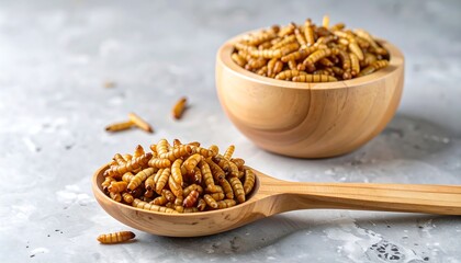 Roasted insects in wooden bowl and spoon
