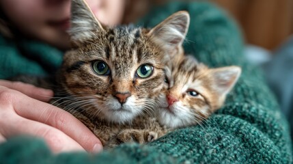 Two cute cats nestled together in a cozy embrace, showcasing their playful bond and charming expressions. Perfect illustration of feline companionship and warmth.
