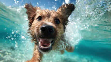 A happy dog joyfully splashes through clear waters, capturing the excitement and energy of playtime under the bright sun, embodying the spirit of fun and adventure.