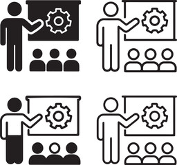 Isolated training icons, black education learning symbol, professional skill development vector, thin stroke presentation design, modern classroom teaching icon set, business coaching