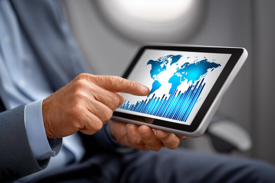 Person using Tablet with World Map and Graph on Airplane