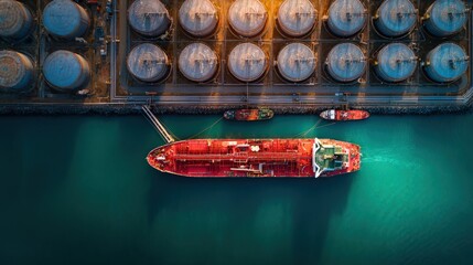 Aerial View of Red Cargo Tanker Docked at Fuel Depot with Steel Tanks