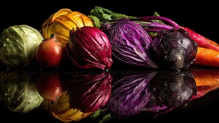 Artistic Display of Multicolored Vegetables with Reflections in High-Contrast Photography