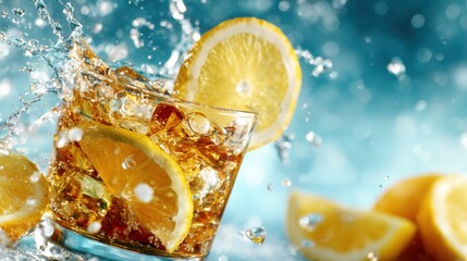 A vibrant image capturing a refreshing drink splashing out of a glass with lemon slices, representing rejuvenation and a burst of flavor celebrating warm, sunny days.