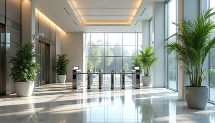 Fototapeta premium Bright office entrance automated gates plants. Modern building interior uses sleek surfaces large windows. Green plants provide natural feel. Contemporary design with minimalist layout technology.