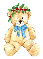 Orsetto natalizio con decorazione di agrifoglio, illustrazione ad acquerello