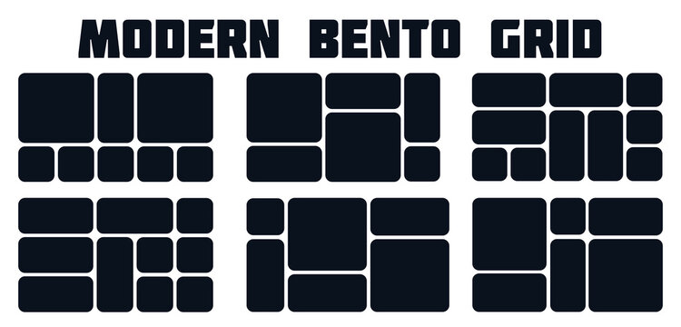 Set of Trendy bento grid layout style brick Ui UX templates. Grey on dark. Web comic grids, rounded corners. Different panel layouts with brutal shapes tiles of different sizes Vector illustration	
