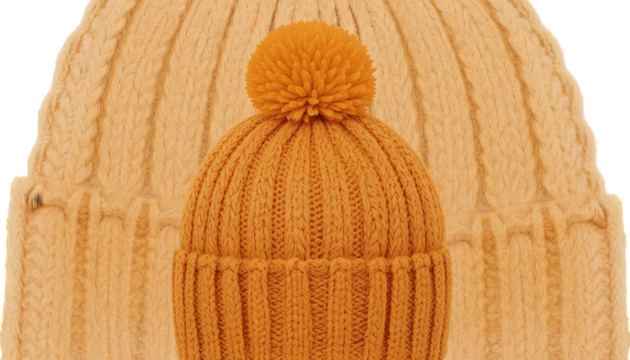 Warm knitted beanie hats cozy winter headwear with pompom isolated on white background