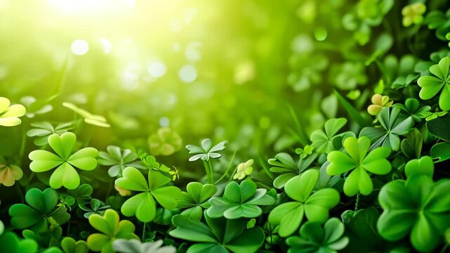 A lush green field of clovers with the sun shining on them. The bright green color of the clovers and the sun creates a cheerful and peaceful mood