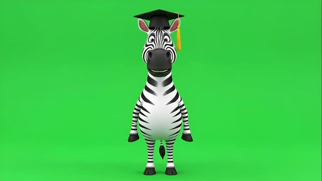 Cartoon Zebra Graduation - A cartoon zebra wearing a graduation cap on a green chroma key background. The zebra is smiling, standing upright, and has black and white stripes.