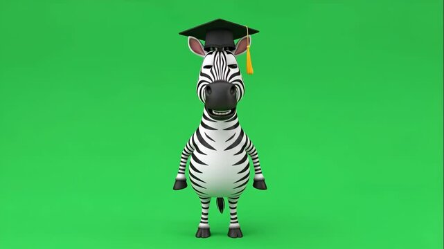 Cartoon Zebra Graduation on Green Screen - A cartoon zebra wearing a graduation cap against a green screen background. The zebra is animated, waving its hand and smiling, perfect for compositing.