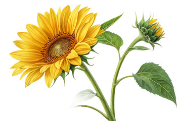Naklejka premium bright yellow sunflower with green stem and leaves