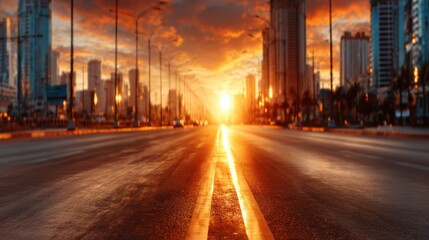 A vibrant sunset lights up a city street, showcasing silhouettes of skyscrapers and palm trees, creating an urban landscape full of energy and life at the day’s end.