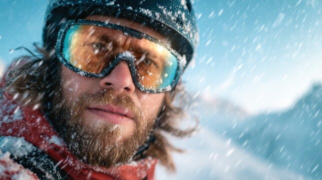 A close-up of an adventurous skier battling through a snowy landscape, capturing the thrill of winter sports and the elemental forces of nature through intense focus. - Powered by Adobe