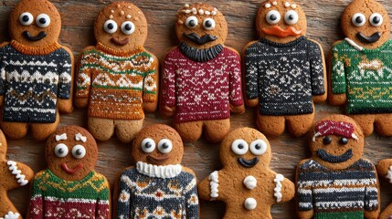 funny gingerbread cookies wearing ugly holiday sweaters and eyes and a mustache no logos no brands ar 169