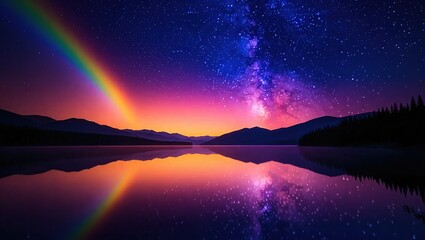Rainbow and Milky Way Reflection over Tranquil Lake at Night.