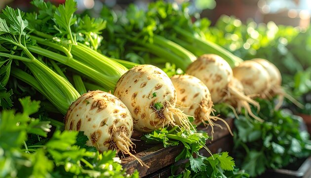 Freshly harvested celeriac and leafy celery stalks arranged on display