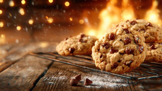 A warm stack of freshly baked chocolate chip cookies cooling on a wire rack with a cozy background, embodying the essence of home-baked comfort and indulgence.