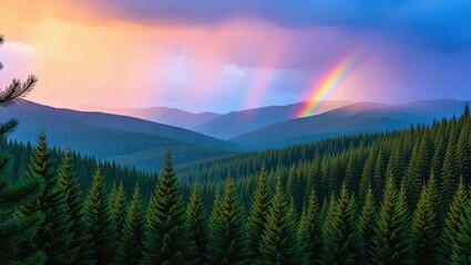 Rainbow over Forest and Mountains - A Scenic Landscape.