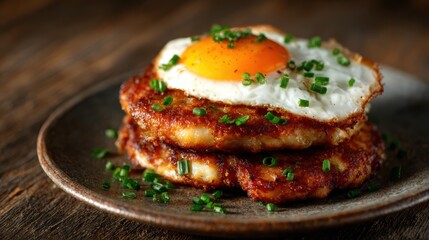 A mouthwatering stack of crispy potato cakes topped with a perfectly fried egg invites indulgence, offering a great representation of comfort food at its finest and most delicious.
