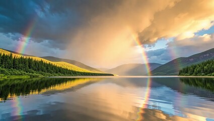 Rainbow over lake and mountains with beautiful sky.