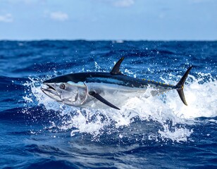 Obraz premium A sleek, streamlined tuna leaps powerfully from azure ocean waters, creating splashes. The fish, silver and blue, is backlit by bright sunlight