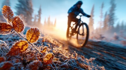 A mountain biker navigates a frosty trail amidst colorful autumn leaves, creating a dynamic and adventurous scene that captures the thrill of outdoor activities in nature.