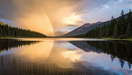 Rainbow Over Serene Lake Reflecting Forest and Mountains at Dusk.