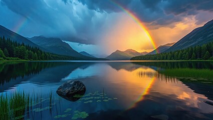 Rainbow over serene lake reflecting mountains and sky.
