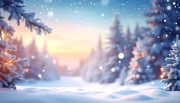 A snow-covered forest scene at dawn or dusk, with blurred snowflakes falling. Evergreen trees are frosted with snow. The sky blends colors