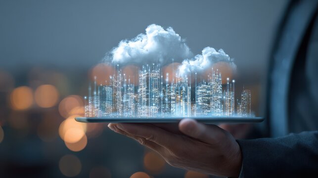 smart city concept with real skyscrapers layout with glowing digital cloud technology icons on digital tablet screen that carrying businessman hand on blurry megapolis city background no logos no bra - Powered by Adobe