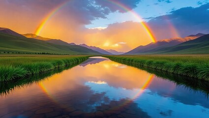 Rainbow over the river at sunset, beautiful landscape scenery.