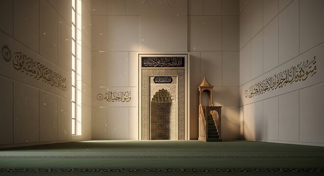 Serene mosque interior featuring ornate mihrab and illuminated calligraphy details