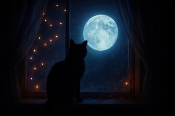 Elegant Cat Sitting Silently Near Window Under Moonlight With Twinkling Lights Creating Dreamlike Autumn Atmosphere