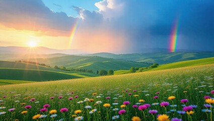Rainbow over Tuscan hills with wildflowers in foreground.