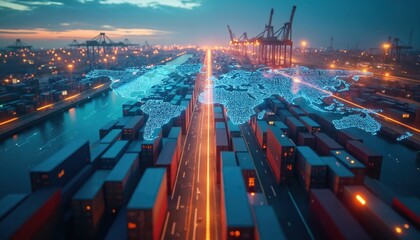 Aerial view of cargo port with containers. Global holographic map overlay shows international trade. Modern logistics network ensures efficient distribution worldwide. Automation tech streamlines