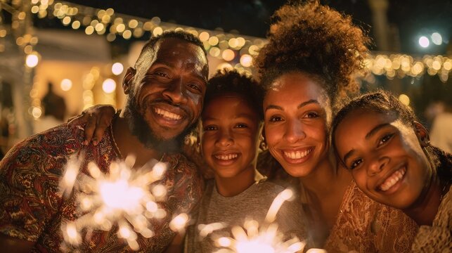 african family having fun hugging each other and celebrate during new years eve with firework sparkler  holidays and vacation concept  soft focus on mother face no logos no brands ar 169