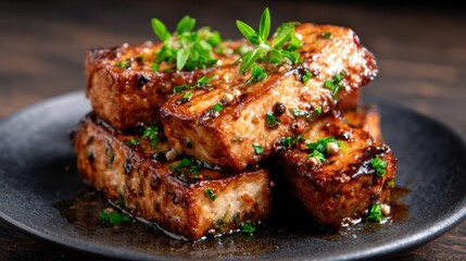 This image showcases beautifully grilled tofu slices topped with fresh herbs, showcasing a delectable blend of colors and textures perfect for a culinary project or stock photo usage.