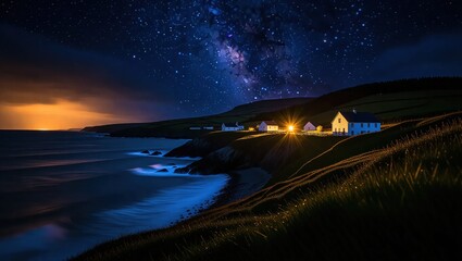 Remote Coastal Village Illuminated by the Milky Way Galaxy at Night.