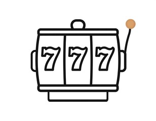 A simple outline illustration of a slot machine displaying three lucky sevens. A small handle with a gold sphere extends from the right side