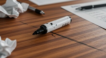 Black marker on wooden desk with pens and crumpled paper elements