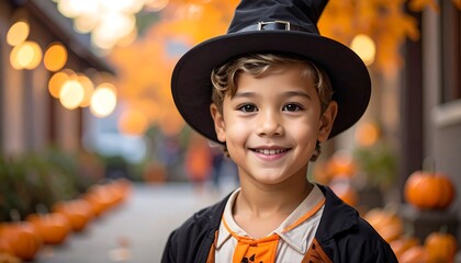 A smiling young boy in a witch costume with a black hat. He is standing outside surrounded by pumpkins and autumn foliage