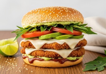 Crispy Double Chicken Burger with Avocado, Melted Cheese & Tomato on Sesame Seed Bun