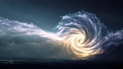 A hyperrealistic wind swirl is made visible by dust illuminated in light, capturing motion, texture, and dynamic natural energy in a striking atmospheric scene.
