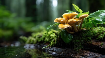 A group of vibrant mushrooms emerges from a mossy log in a lush green forest, showcasing the beauty of nature's diverse ecosystems and the harmony of life in forested areas.