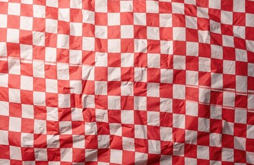 Red and white checkered pattern on paper sheet. Close up of a crinkled surface. The background is a textured design. Perfect for food themed content.